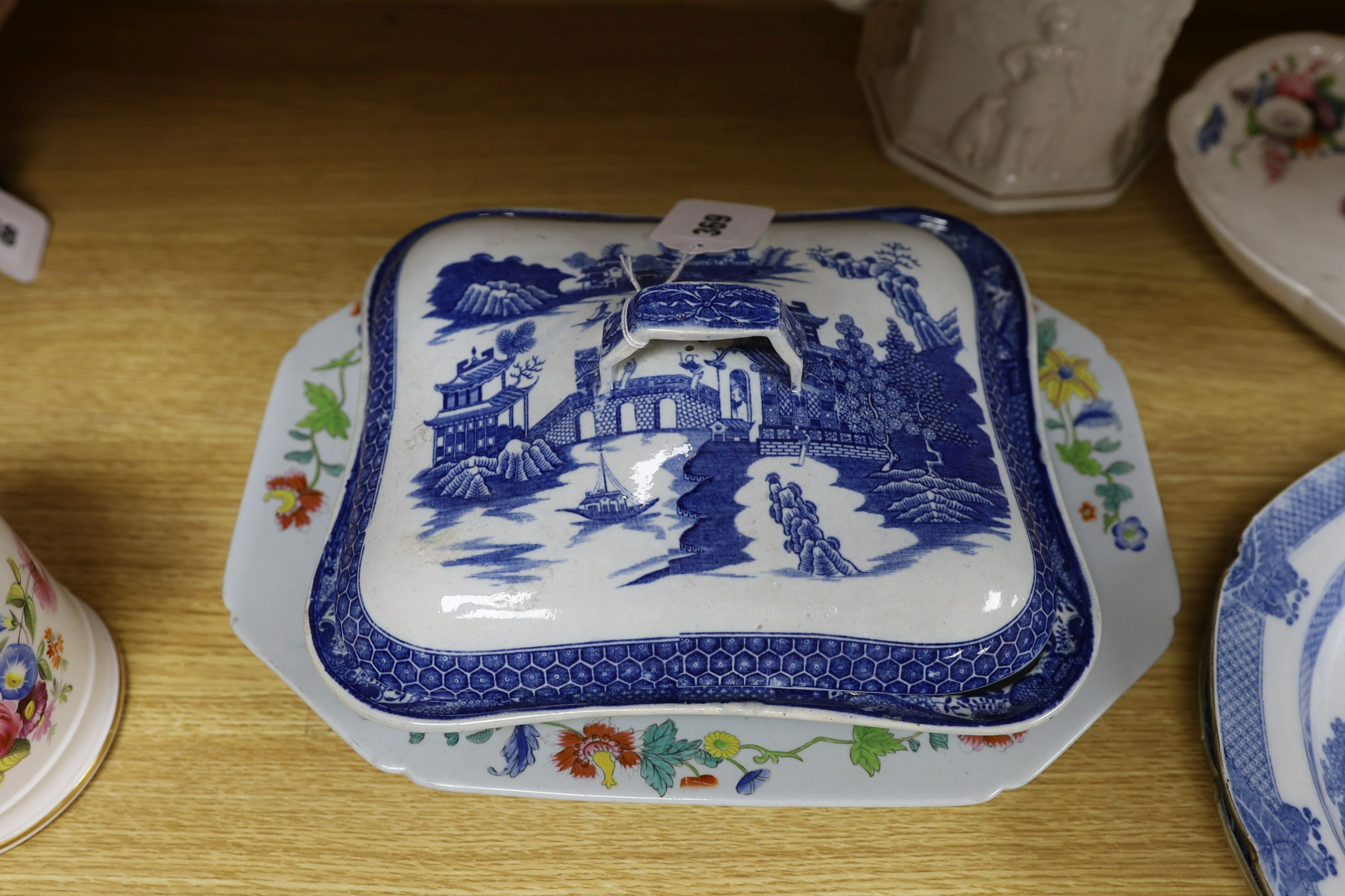 A pair of early 19th century pearlware plates, Leeds pottery tureen and cover, Coalport dessert dish. Spode serving plate and two mugs